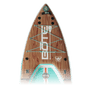 Closeup of the nose of the Rover Aero 12'6" Classic Teak inflatable micro skiff with faux woodgrain inay and seafoam and white accents