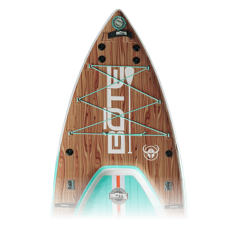 Closeup of the nose of the Rover Aero 12'6" Classic Teak inflatable micro skiff with faux woodgrain inay and seafoam and white accents