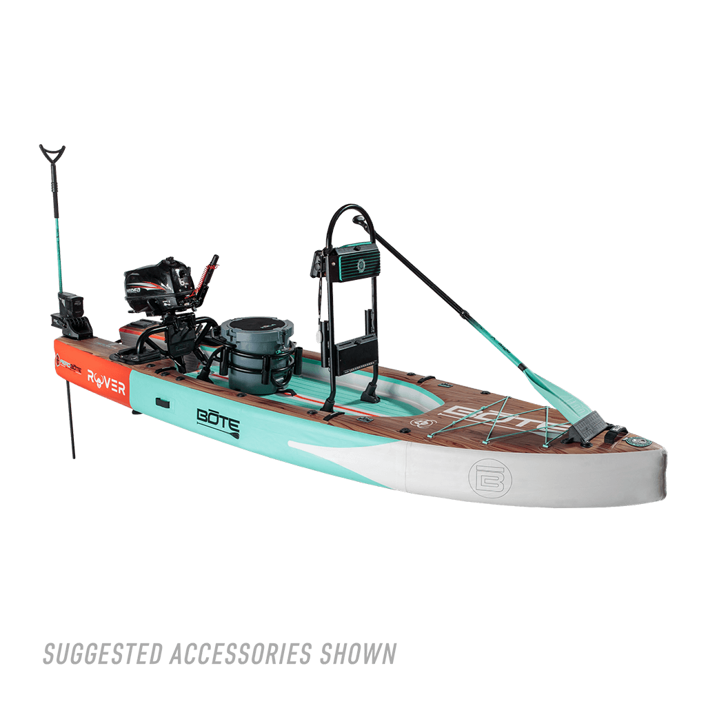 Image of the Rover Aero 12'6" Classic Teak inflatable micro skiff decked out with suggested accessories