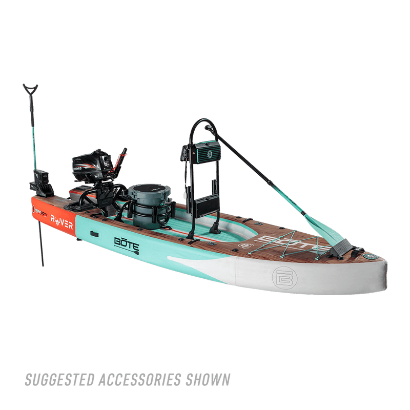 Image of the Rover Aero 12'6" Classic Teak inflatable micro skiff decked out with suggested accessories