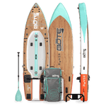 Gear layout of Rover Aero Classic Cypress Micro Skiff with paddle, board, and roller bag.