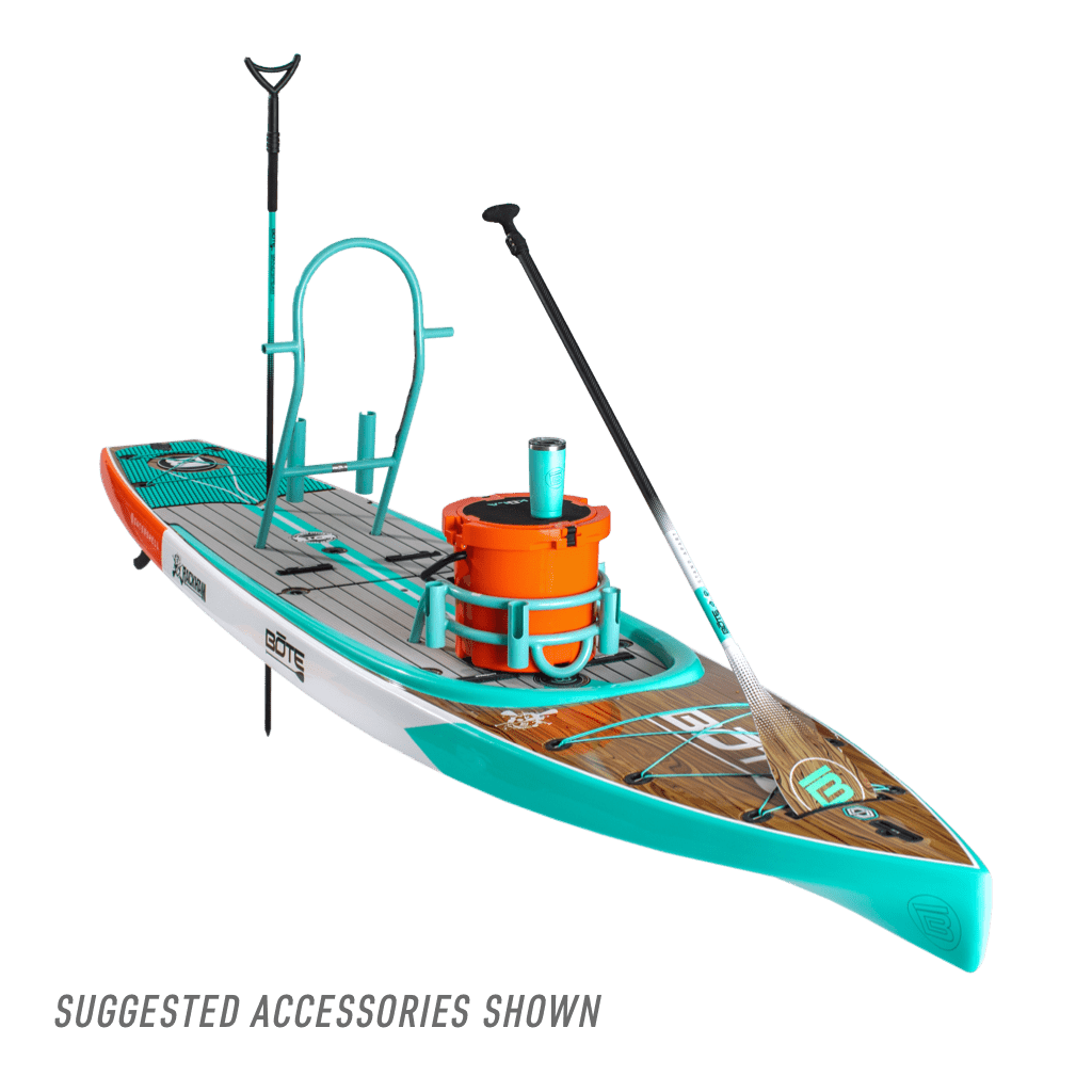 Front view of the Rackham 14′ Classic Cypress Paddle Board with accessories