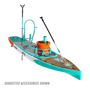 Front view of the Rackham 14′ Classic Cypress Paddle Board with accessories
