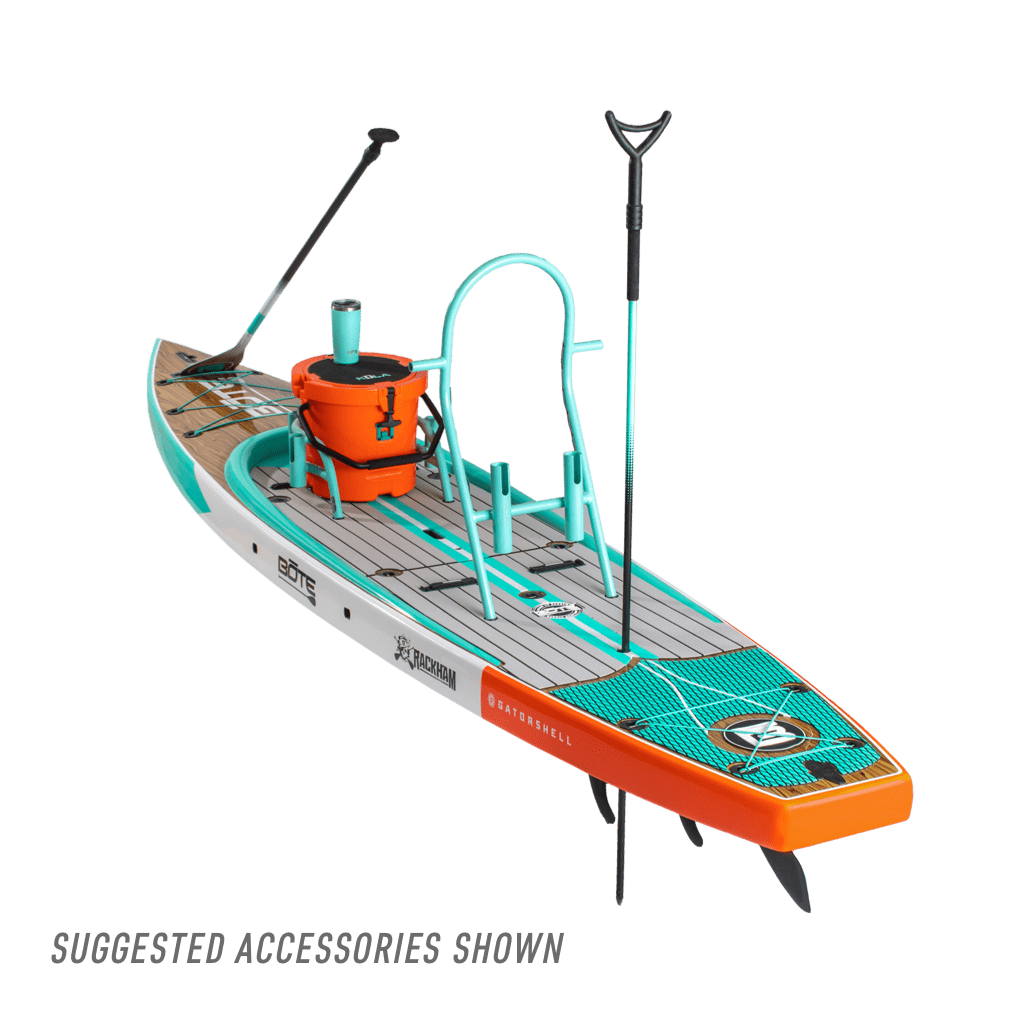 Rear view of the Rackham 14′ Classic Cypress Paddle Board with accessories
