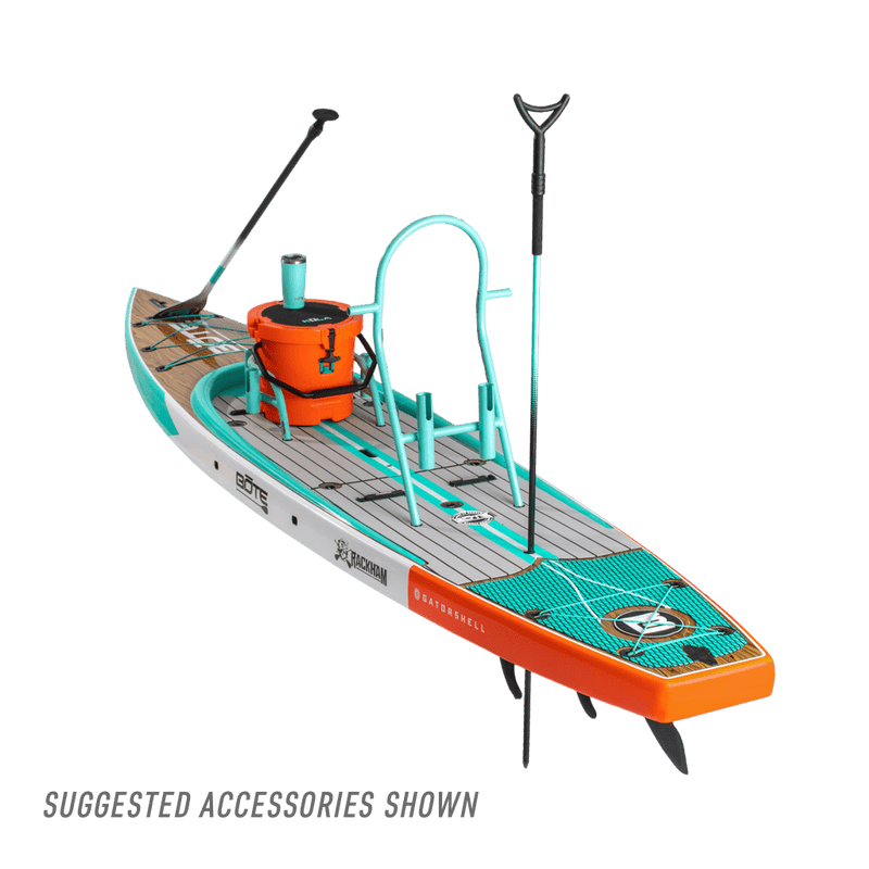 Rear view of the Rackham 14′ Classic Cypress Paddle Board with accessories
