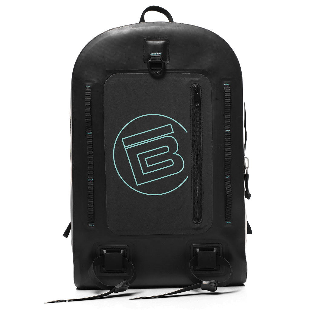 Front of the black Highwater Backpack with seafoam circle B accent
