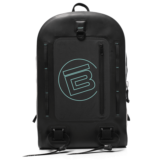 Front of the black Highwater Backpack with seafoam circle B accent