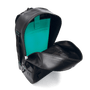 Interior of the black Highwater Backpack with laptop sleeve in seafoam
