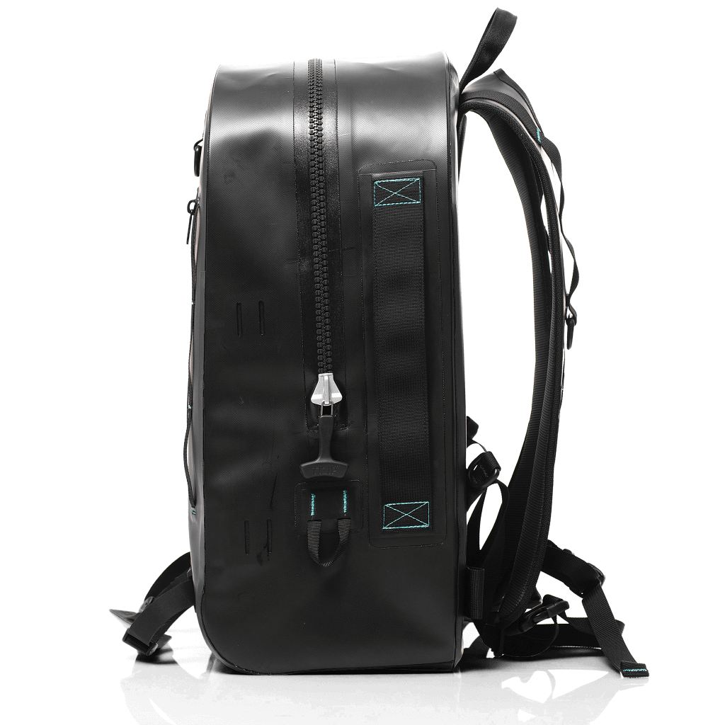 Side of the black Highwater backpack with TiZip zipper