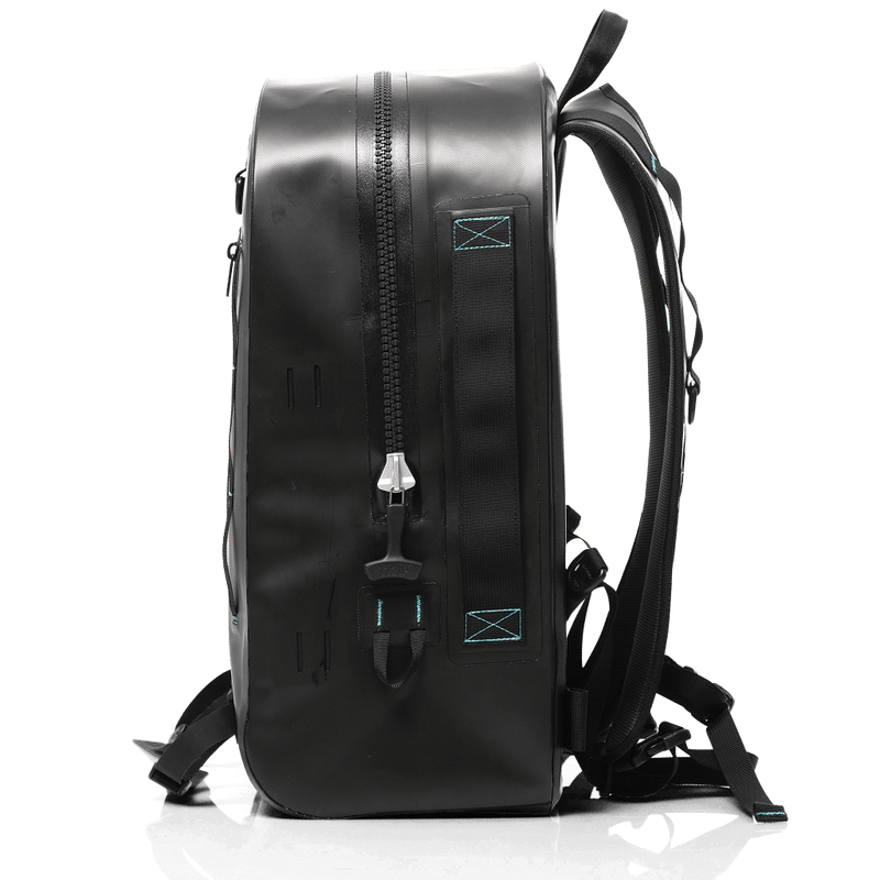 Side of the black Highwater backpack with TiZip zipper