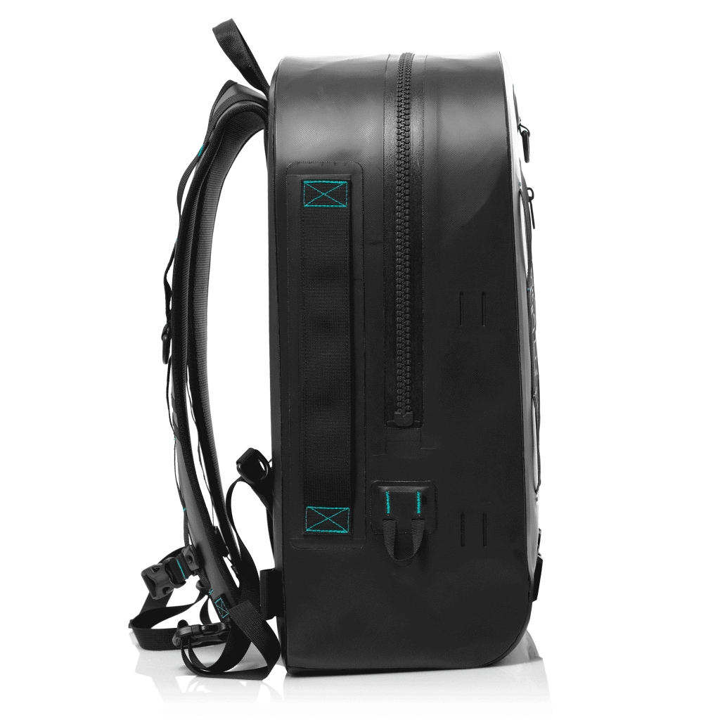 Side of the black Highwater backpack with TiZip zipper