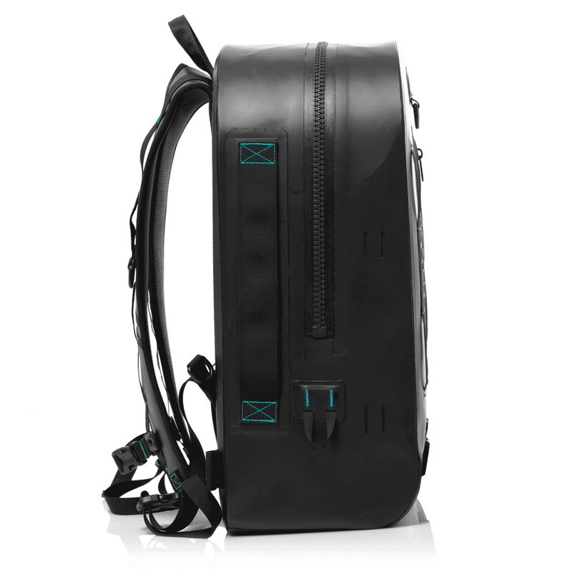 Side of the black Highwater backpack with TiZip zipper