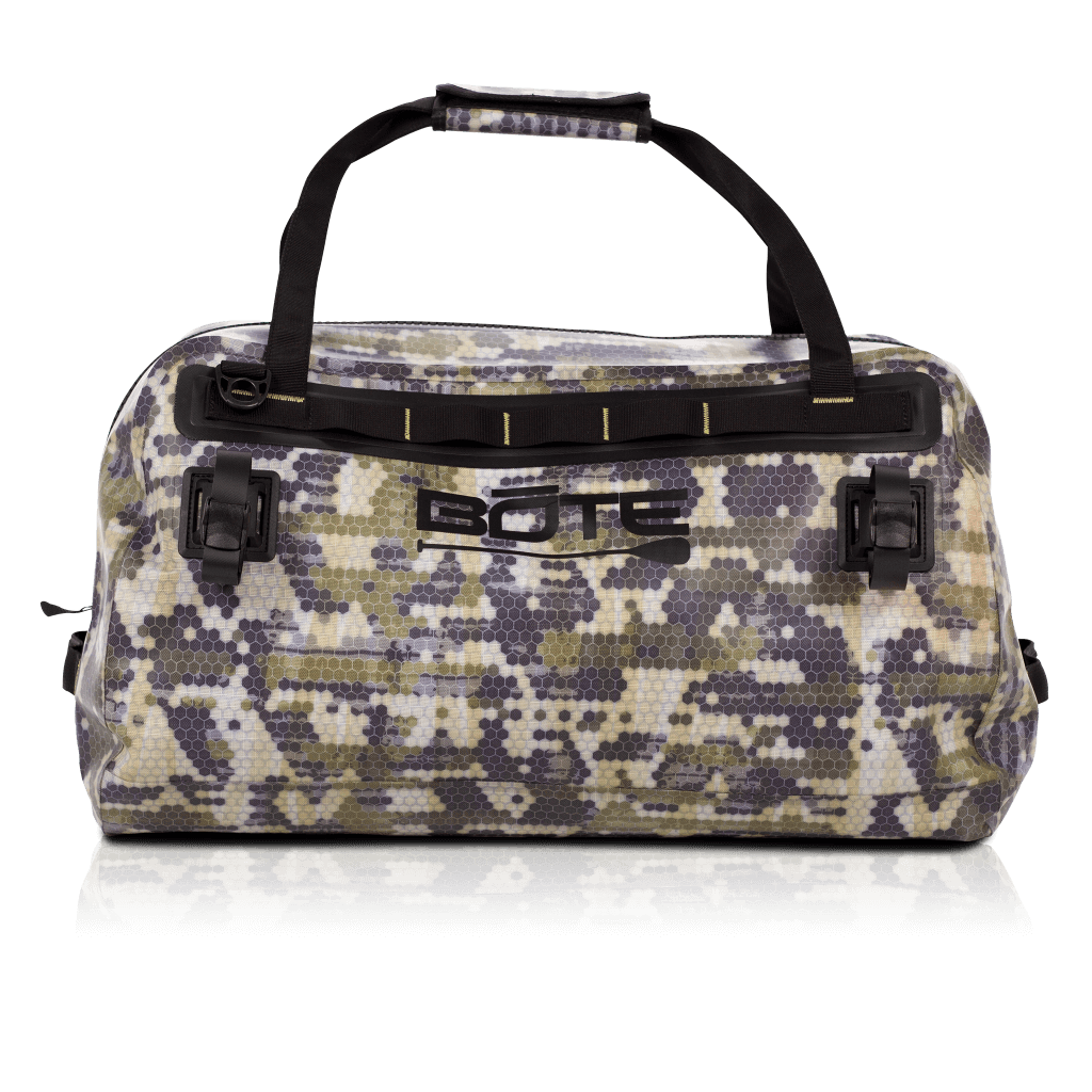 Back of the Verge Camo Highwater Duffel with BOTE logo in black