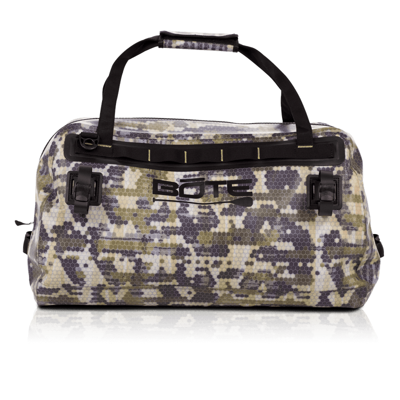 Back of the Verge Camo Highwater Duffel with BOTE logo in black