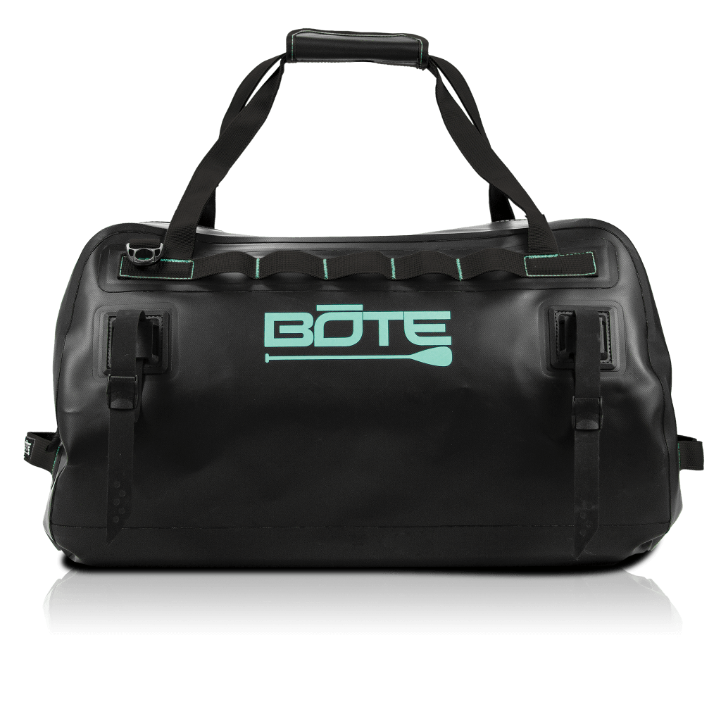 Back of the black Highwater Duffel with seafoam BOTE logo