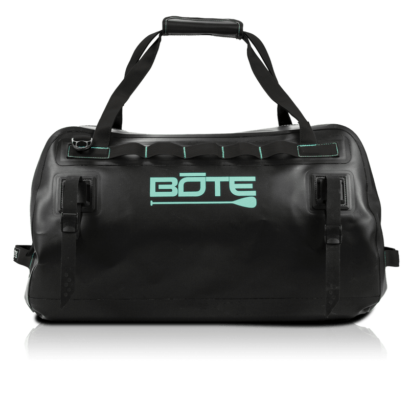 Back of the black Highwater Duffel with seafoam BOTE logo