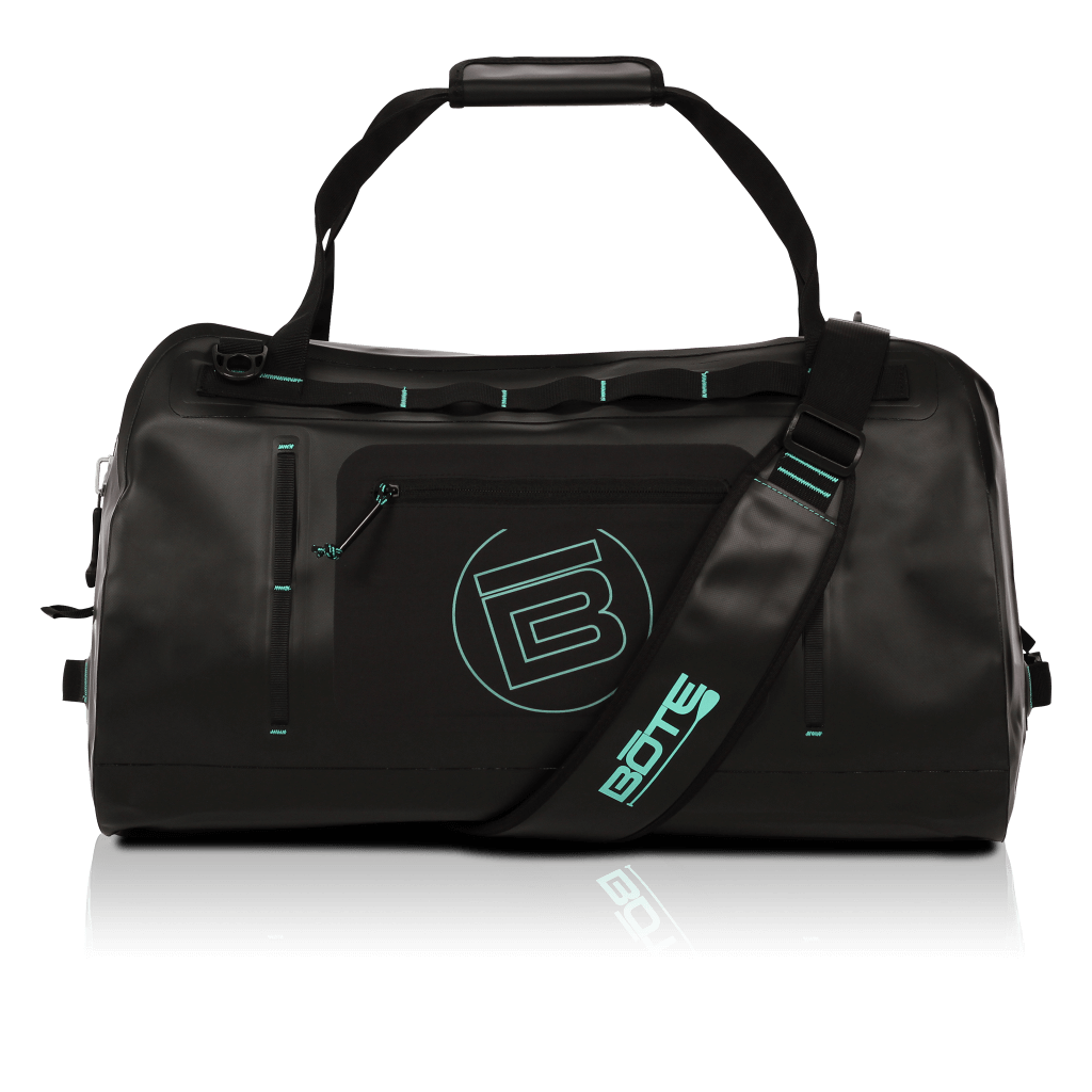 Black Highwater Duffel with seafoam circle B logo and seafoam accents