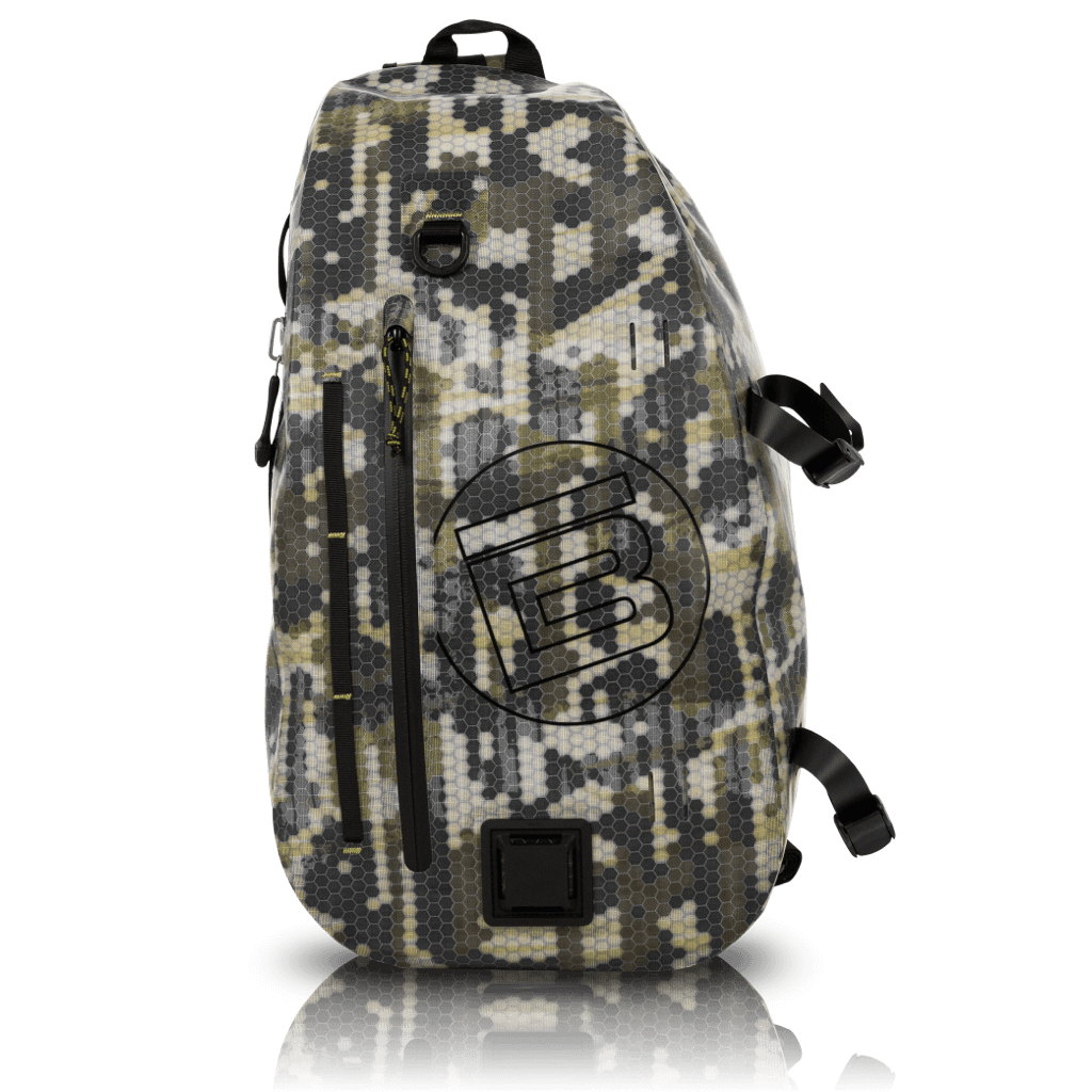 Front of the Verge Camo Highwater Slingpack with black circle B logo