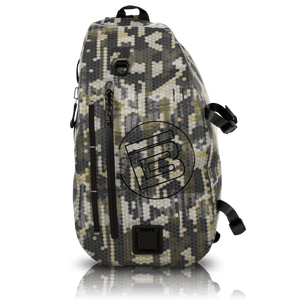 Front of the Verge Camo Highwater Slingpack with black circle B logo