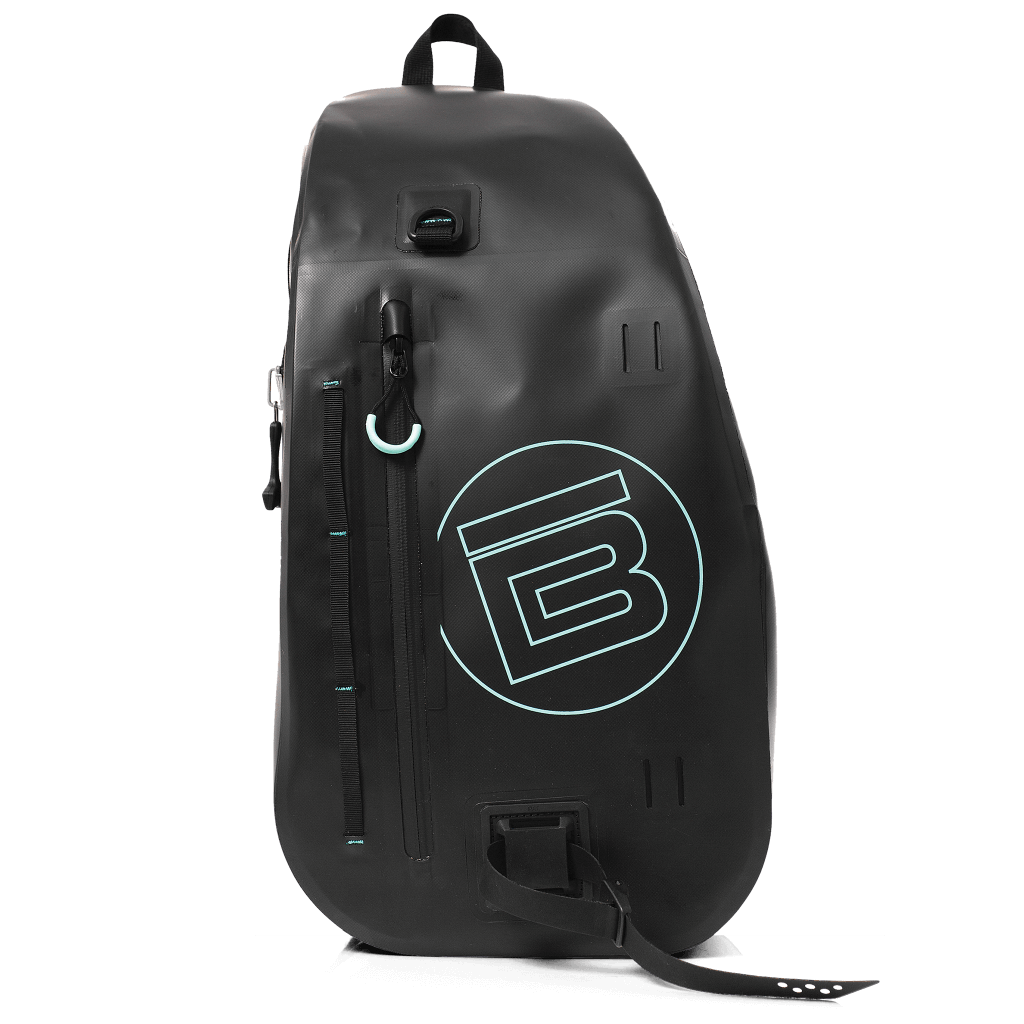 Front of the black Highwater Slingpack with seafoam circle B logo