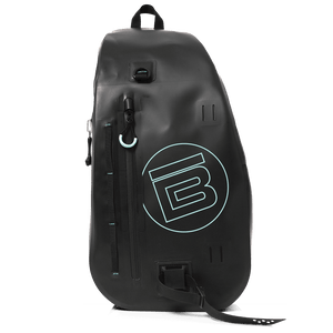 Front of the black Highwater Slingpack with seafoam circle B logo