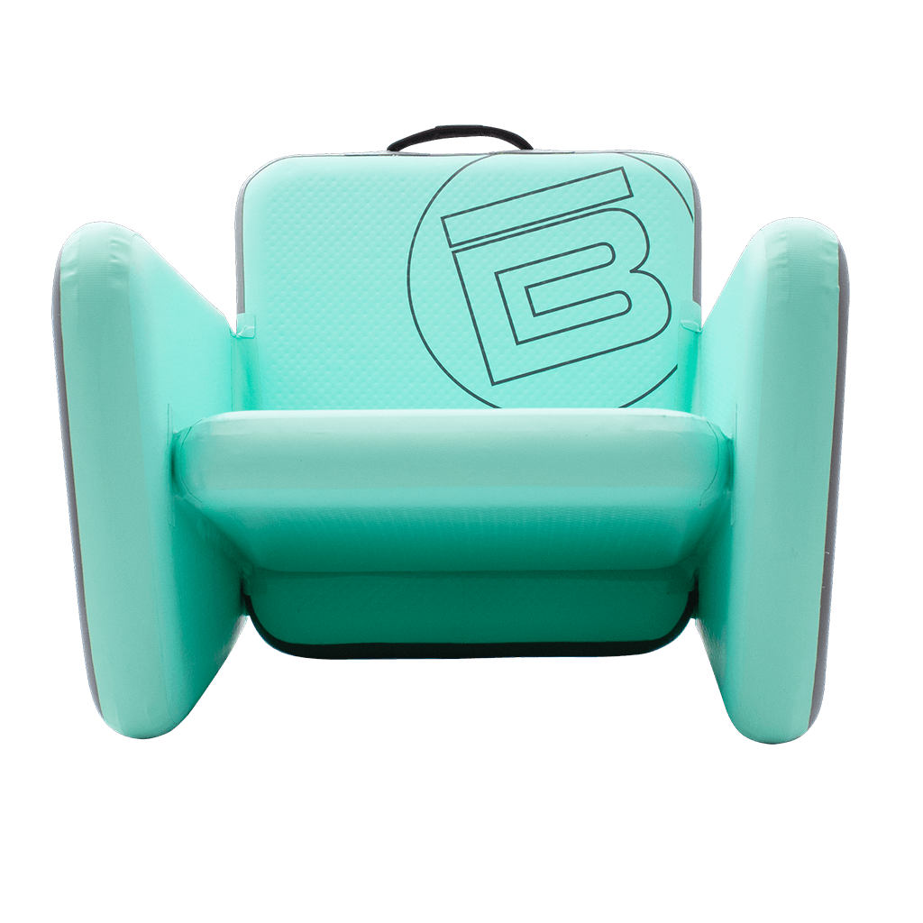 Front view of the Aero chair in seafoam with circle B logo on the back