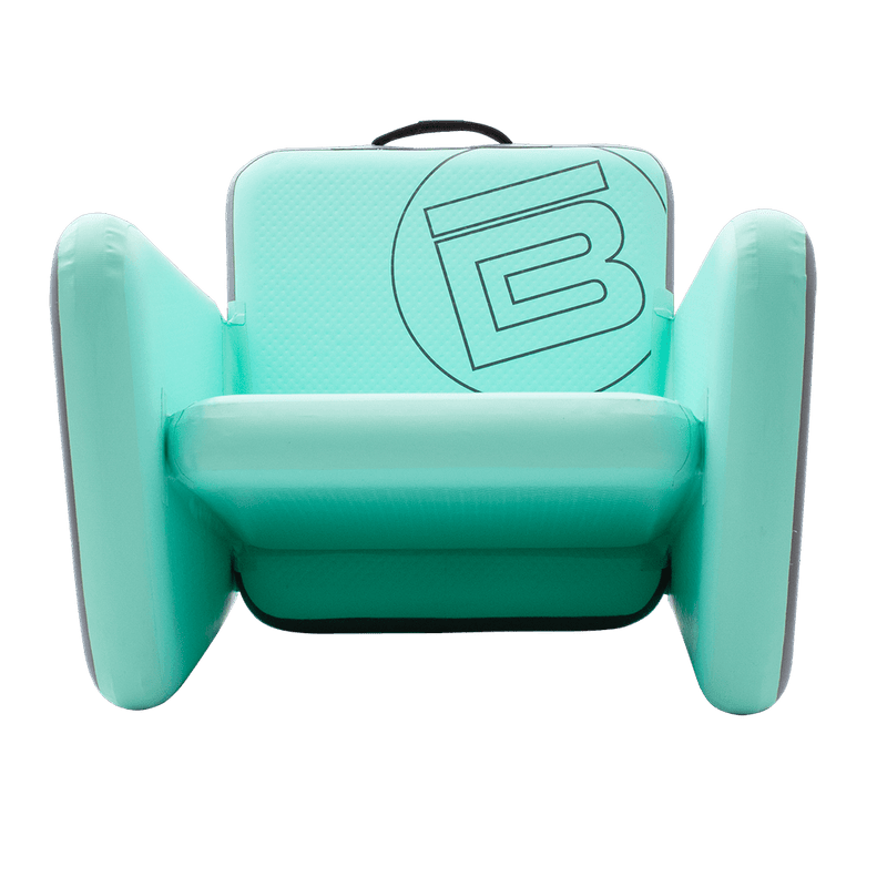 Front view of the Aero chair in seafoam with circle B logo on the back