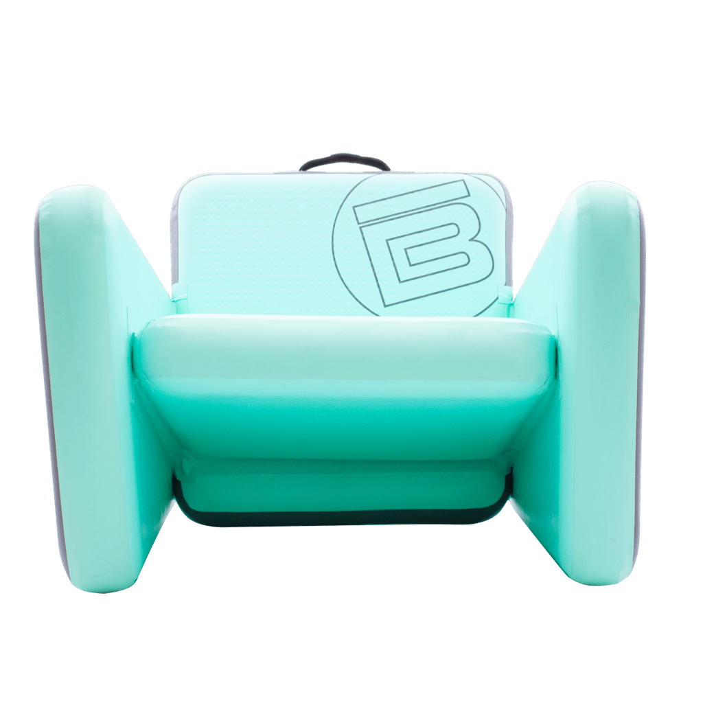 Front view of the Aero chair XL in seafoam with circle B logo on the back