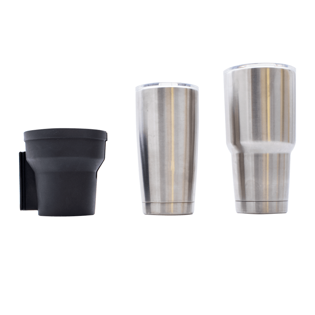 Aero Cup Holder next to 20oz and 32oz stainless steel tumblers