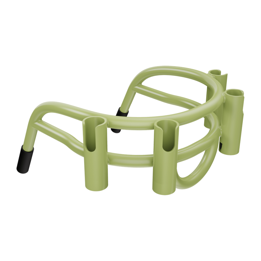 Angled top view of Bucket Rac Olive showing four rod holders and curved frame.