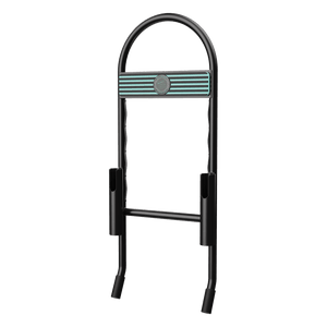 Angled view of Grab Rac Black with curved top, striped logo panel, and dual rod holders.