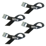 Top view of four black BOTE DockLink II straps with metal buckles arranged diagonally.