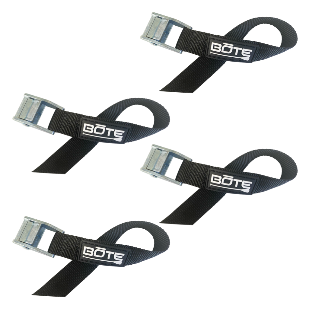 Top view of four black BOTE DockLink II straps with metal buckles arranged diagonally.