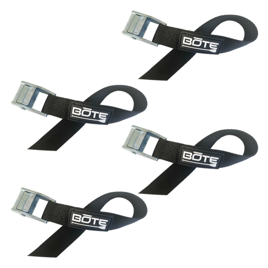 Top view of four black BOTE DockLink II straps with metal buckles arranged diagonally.