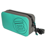 Angled detail view of Highwater Hitchhiker Seafoam bag showing black zipper and blue rope pull.