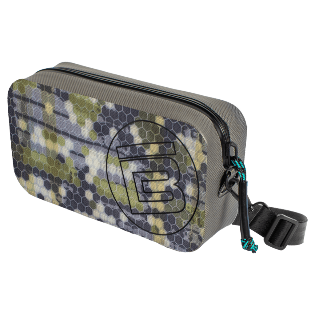 Front view of Highwater Hitchhiker Verge Camo crossbody with adjustable strap.