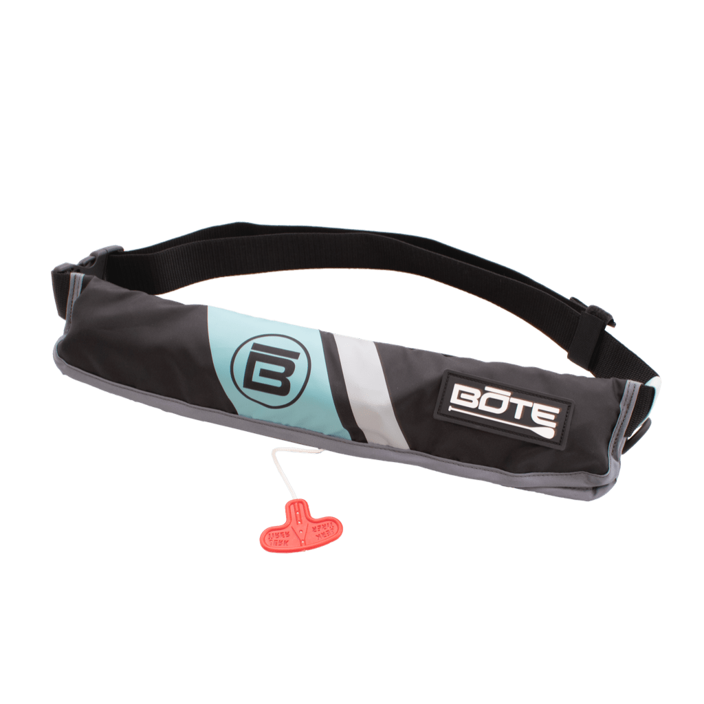 BOTE Inflatable Belt PFD with BOTE logo and circle B logo on the front