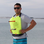 Man with the BOTE Inflatable Belt PFD inflated and around his neck and waist