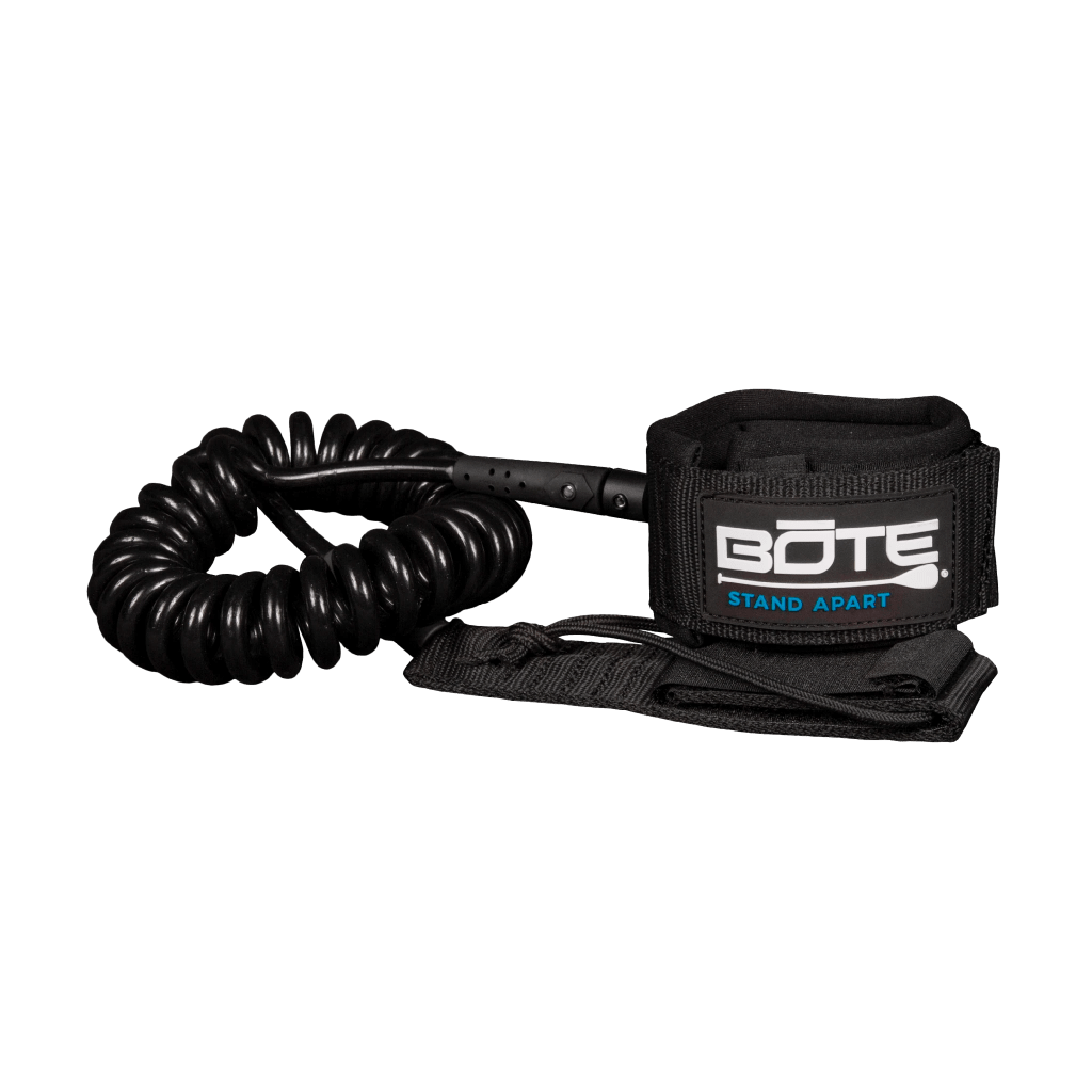 Black coiled leash with BOTE Stand Apart logo on the velcro ankle strap