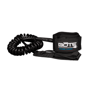 Black coiled leash with BOTE Stand Apart logo on the velcro ankle strap