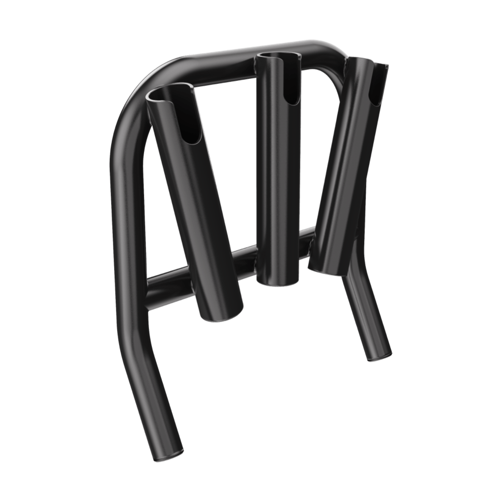 Mini Rocket Rac Black angled front view with three black rod holders.