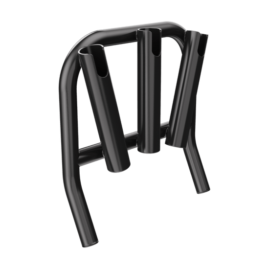 Mini Rocket Rac Black angled front view with three black rod holders.