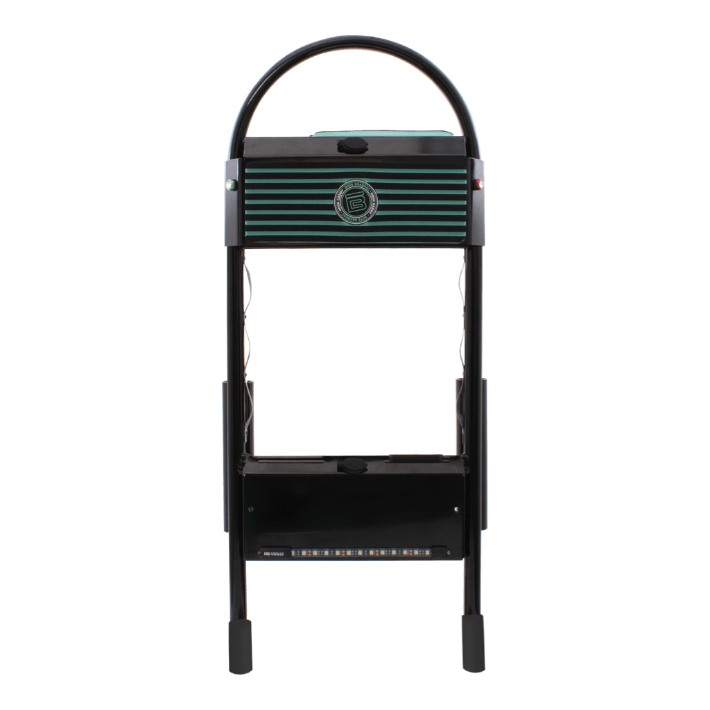 Front view of Power Rac with striped lid, curved handle, and LED utility lighting.