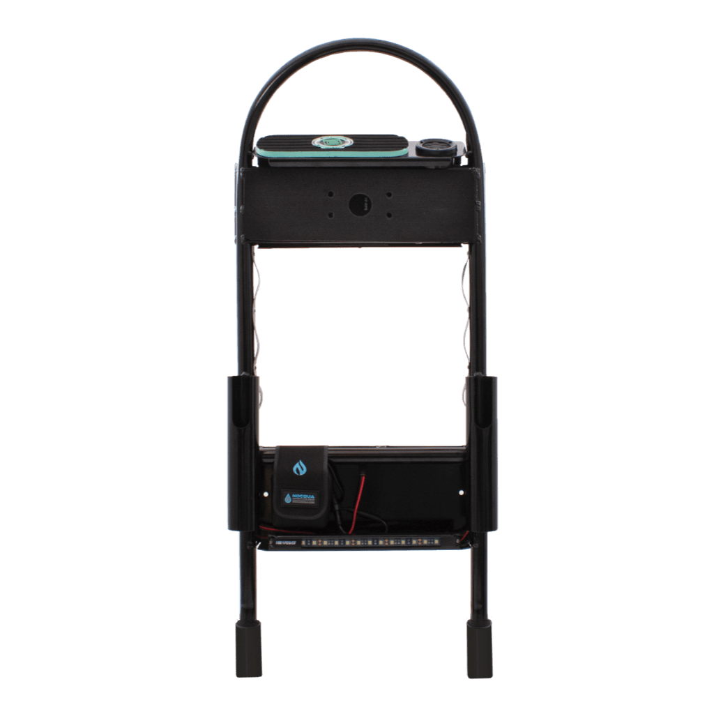 Back view of Power Rac with rod holders, battery case, and LED light strip below shelf.