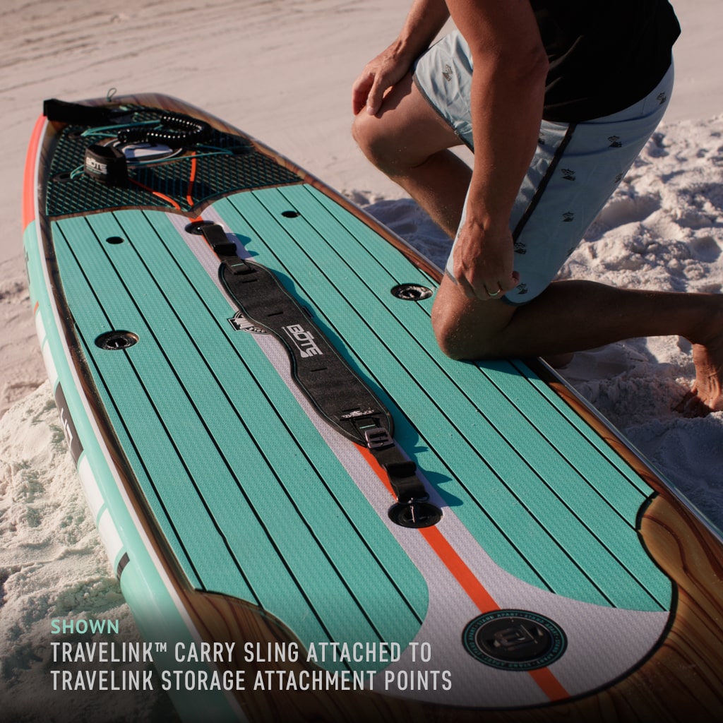 Travelink Carry Sling attached to the Travelink Storage attachment points built into most paddle board models
