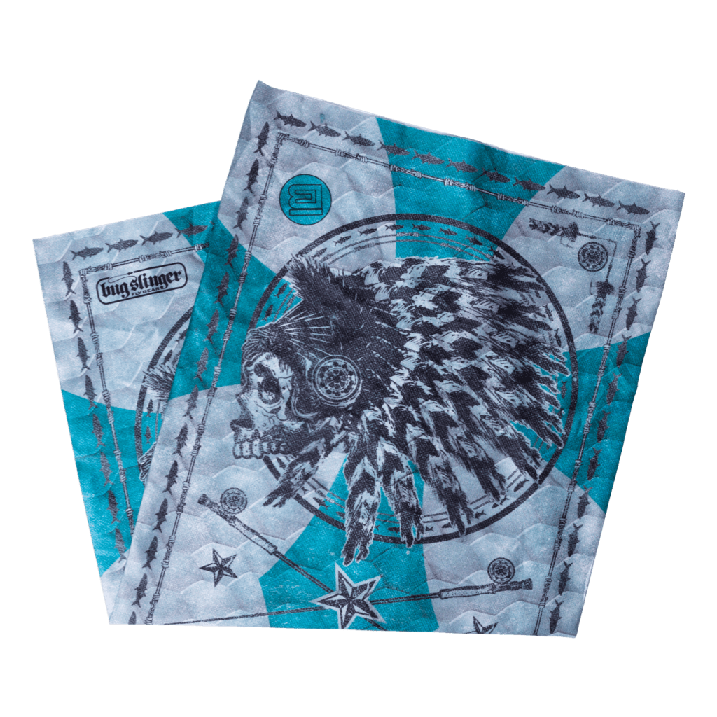 Bug Slinger® Silver King Gaiter laid flat with feathered headdress design in blue and gray.