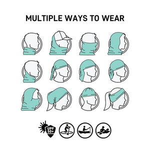 Illustration showing multiple ways to wear a neck gaiter for sun protection.