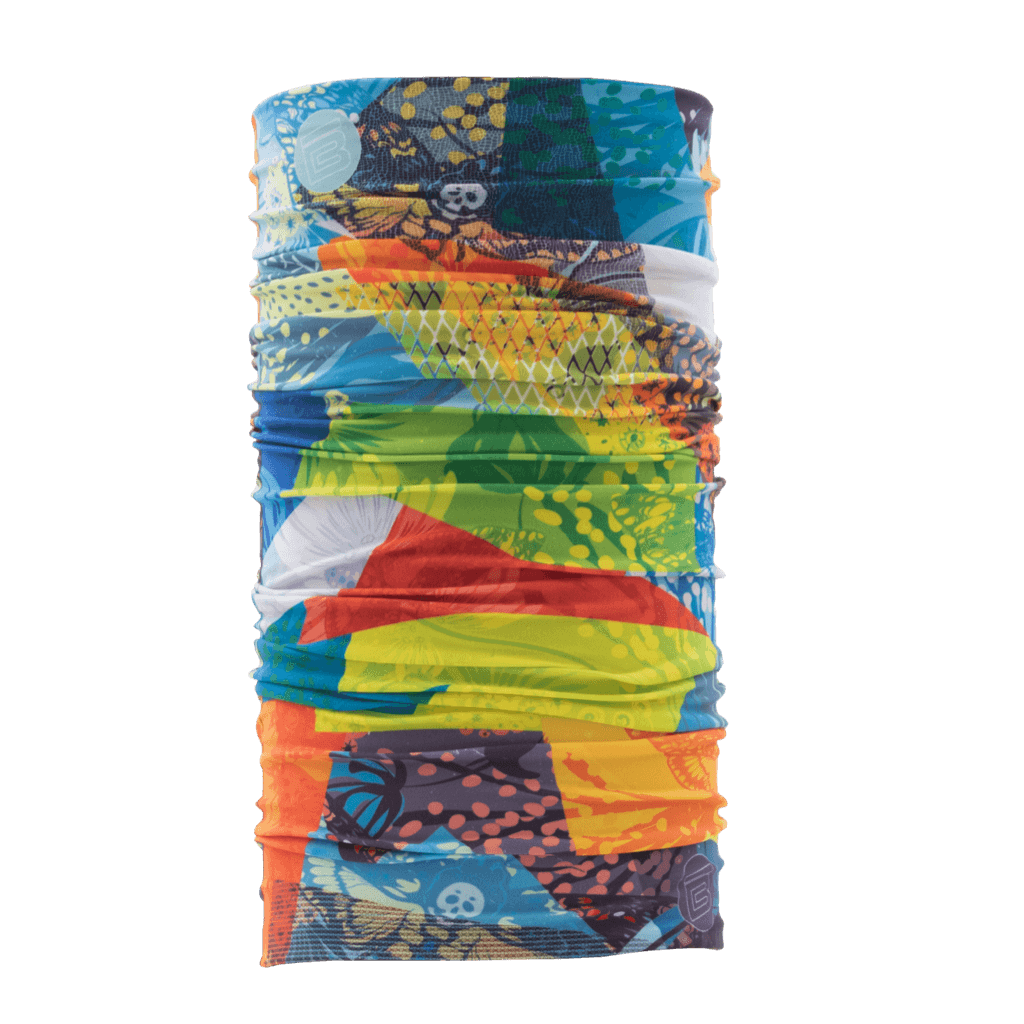 Native Patchwork Face Mask displayed over cylinder