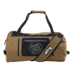 Front view of Highwater Duffel Last Cowboy in tan with black front pocket and shoulder strap.