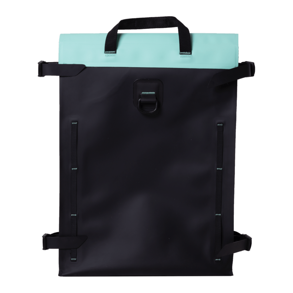 Back view of the Highwater Tackle Pouch Seafoam with mint handle and black panel.